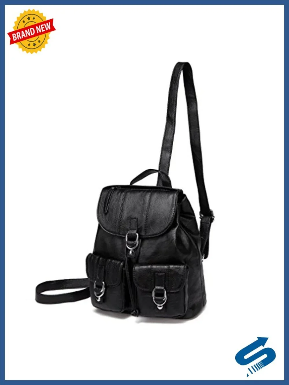 Faux Leather Buckle Flap Drawstring Backpack Purse with Two Front Pockets for